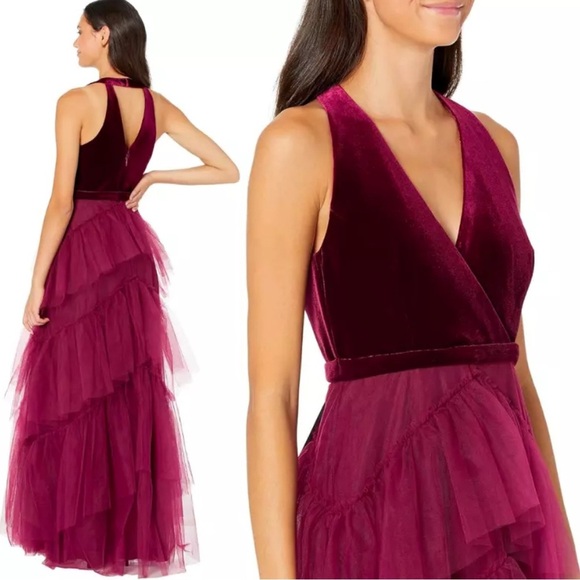 Revolve BCBGMAXAZRIA Velvet Tull Tired Fit & Flare Long Dress Gown Size M - Picture 5 of 14
